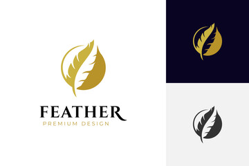 golden quill signature logo design. feather pen logo silhouette with circle shape vector design illustration