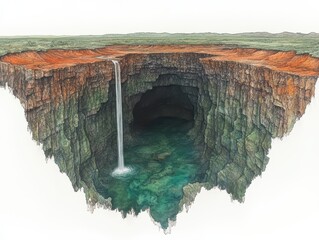 Stunning nature wonderland: vertical sinkhole with flowing waterfall into scenic turquoise underwater cavern in remote landscape