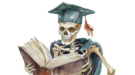 Skeleton with a book and graduation cap,Clipart, watercolor illustration, Perfect for nursery art The style is hand  drawn, white background