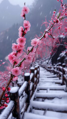 Wall Mural - Cloudy day, snowy scenery, mist rising, ultra wide angle close-up, a huge plum blossom tree, beautiful branches.generative ai