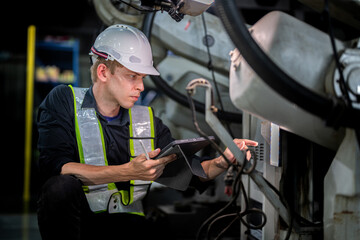 male engineer workers maintenance automatic robotic arm machine in a factory. worker checking and repairing automatic robot hand machine. technician worker check for repair factory machine.