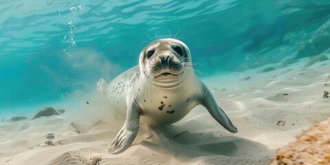 Poster - Seal pup joyfully frolicking in the ocean on a sandy seabed