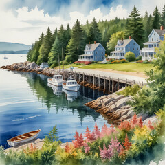 Wall Mural - Watercolor illustration of the Bar Harbor Village in Bar Harbor, Maine. Capture the quaint, charming atmosphere of this popular coastal town