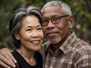 Portrait of a couple of black man from Africa and white woman from Asia, individuals of different races