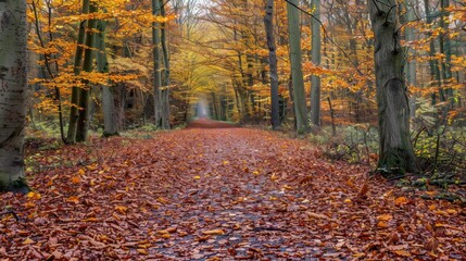 Poster - A path through a forest, lined by tall trees with yellow and orange leaves. The path is covered in fallen leaves, and the light is soft and warm.