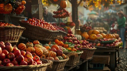 Aufkleber - A bustling European market is filled with vibrant autumnal colors as vendors showcase their fresh produce in wicker baskets. Red apples, orange pumpkins, and yellow gourds are stacked high, creating a