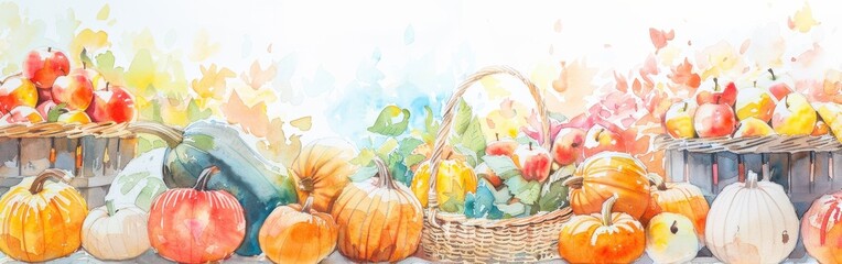 Aufkleber - A watercolor painting depicting a fall harvest of gourds, squash, apples, and pumpkins. The painting depicts various types of gourds and squash, including pumpkins, butternut squash, and spaghetti squ