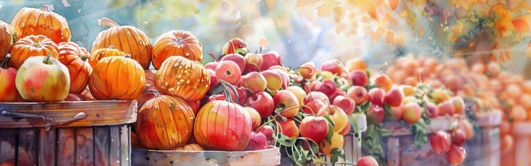 Aufkleber - A watercolor painting depicting a bountiful autumn harvest display of pumpkins and apples. The pumpkins are piled high in rustic wooden baskets, while the apples are arranged in a row, overflowing fro