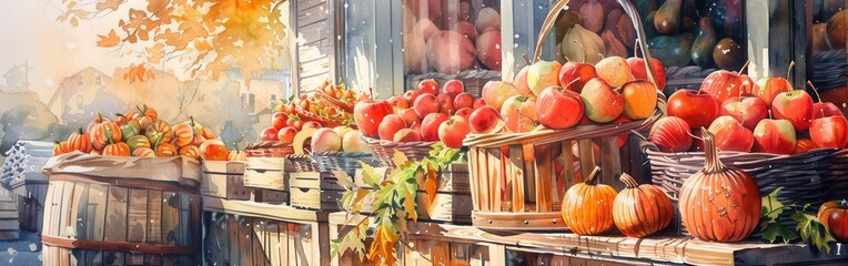 Aufkleber - A rustic country store is overflowing with a bounty of autumn produce. Baskets brim with bright red apples, while pumpkins and gourds sit on the wooden countertop in front of the store. Sunlight strea