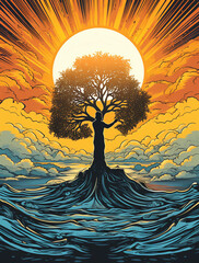 Wall Mural - A tree of life stands on the water, its roots reaching down into an ocean with sun rays shining through the clouds above