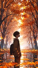 Poster - anime boy in autumn leaves cartoon manga art illustration design background