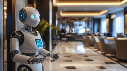 A Futuristic White Robot with Blue Eyes Stands in a Modern Lobby