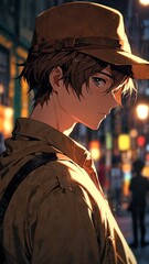 anime boy in brown hat cartoon manga art illustration design background