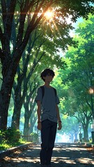 Wall Mural - anime boy in park cartoon manga art illustration design background