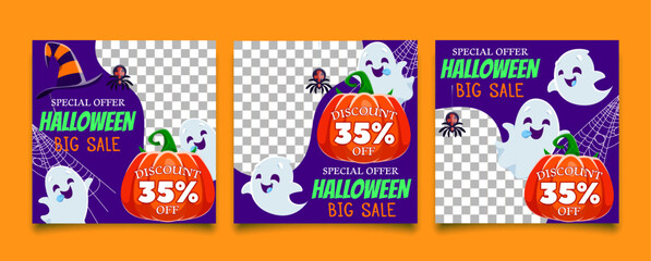 Halloween holiday sale banner templates with kawaii ghosts and pumpkins in cobweb. Vector backgrounds featuring spooks, bewitching discount offers, bold, eerie text screams savings and spooky fun
