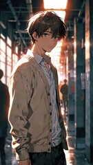 Wall Mural - anime boy in white cardigan cartoon manga art illustration design background 3