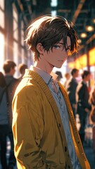 Poster - anime boy in yellow cardigan cartoon manga art illustration design background