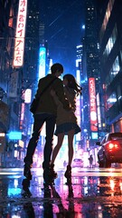 Poster - anime couple in city cartoon manga art illustration design background 3