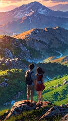 Canvas Print - anime couple in mountains cartoon manga art illustration design background