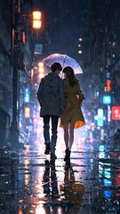 Wall Mural - anime couple in raincoat cartoon manga art illustration design background 3