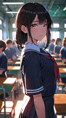 Poster - anime girl in school colorful uniform cartoon manga art illustration design background