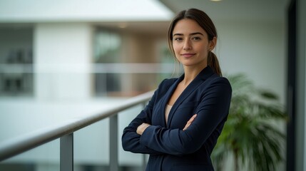 Poster - A woman in a business suit stands on a balcony, looking directly at the camera