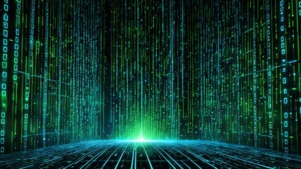 A green and blue computer screen with a green light in the middle