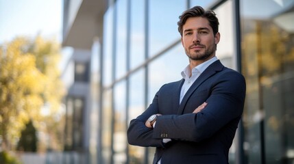 Poster - A man in a suit and tie stands in front of a building with his arms crossed