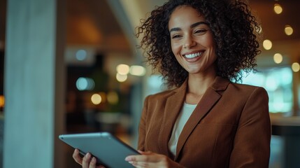 Poster - A woman is smiling and holding a tablet in her hand