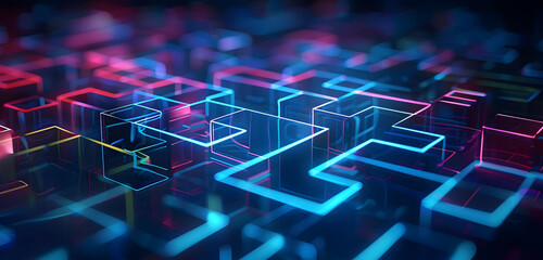 Poster - Abstract background with neon glowing digital blocks forming an illuminated maze, symbolizing the complexity of data and technology in business or science.