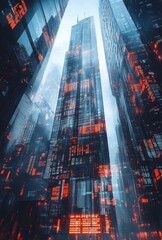 Poster - A futuristic cityscape featuring sleek skyscrapers with transparent data overlays and digital displays, creating a high tech, minimalistic aesthetic
