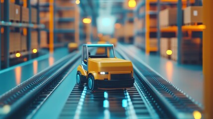 Yellow Forklift on Automated Conveyor Belt in a Warehouse