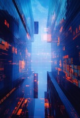 Poster - A futuristic cityscape featuring sleek skyscrapers with transparent data overlays and digital displays, creating a high tech, minimalistic aesthetic