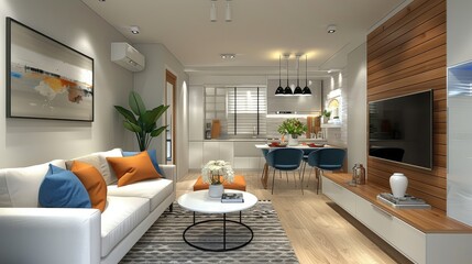 Scandinavian style apartment living room with kitchenette, white walls, light wood floor, sofa with blue and orange pillows, chairs, coffee table, TV on the wall, flowers in a vase