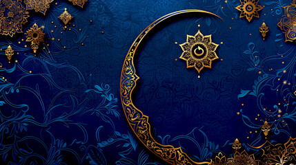 Elegant and traditional Eid al fitr holiday blue card background. East culture celebration.