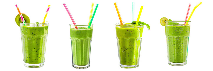 Set of A clear glass of vibrant green smoothie with two colorful straws, isolated on a transparent background