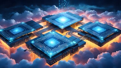 A computer chip is shown in the sky with a blue background