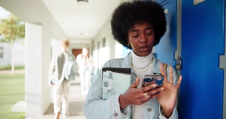 Aufkleber - Texting, online and university student with cellphone, black girl and gossip on social media and app. Typing, smile and gen z person with books in hallway, locker and post of rumor in college website