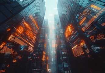 Poster - A cutting edge cityscape with digital displays on skyscrapers, transparent data overlays, and a minimalistic design that highlights the futuristic atmosphere