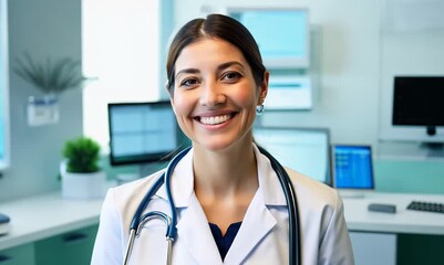 Wall Mural - Portrait of young female doctor smiling at camera while standing in clinic