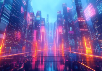 Poster - A cutting edge cityscape with digital displays on skyscrapers, transparent data overlays, and a minimalistic design that highlights the futuristic atmosphere