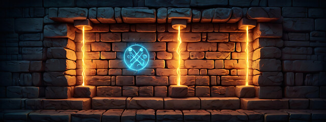 Illustration of a brick wall with magical runes and glowing symbols, adding a mystical style element to a fantasy game like environment.
