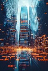 Poster - A cutting edge cityscape with digital displays on skyscrapers, transparent data overlays, and a minimalistic design that highlights the futuristic atmosphere
