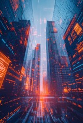 Poster - A cutting edge cityscape with digital displays on skyscrapers, transparent data overlays, and a minimalistic design that highlights the futuristic atmosphere
