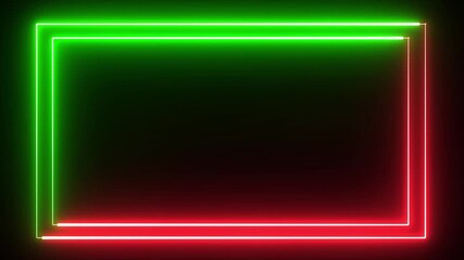 Poster - Bright neon green and purple effect rectangle frame Loop background. Glowing abstract rectangle border shape two line animation