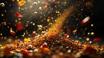 spices exploding in the air on a dark background.capturing dynamic motion and energetic spirit of culinary art