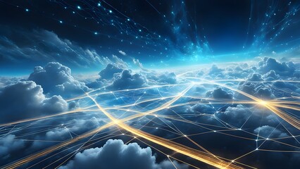 A blue sky with clouds and a network of lines