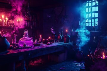 Alchemist's room background filled with potions in blue and purple light for mysterious scary concept