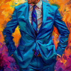 Wall Mural - painting of a man in a blue suit and tie standing with his hands in his pockets