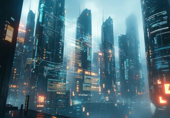 Poster - A sleek and minimal futuristic cityscape, with digital displays embedded in skyscrapers and transparent data overlays enhancing the high-tech ambiance